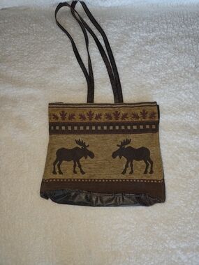 Moose Pattern Tote Bag in Brown and Tan Tapestry Rustic Log Cabin Vibes